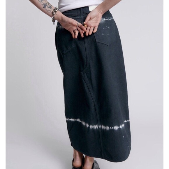 One Teaspoon ROCKO Denim Skirt Maxi Paint Splatter In Eclipse Black Green 24 - Picture 8 of 12